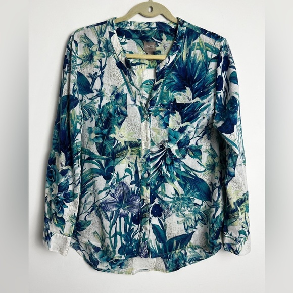 Chico's Mixed Animal Floral Print 100% Cotton Roll Tab Sleeve Blouse Top Sz 2/L - Picture 1 of 11